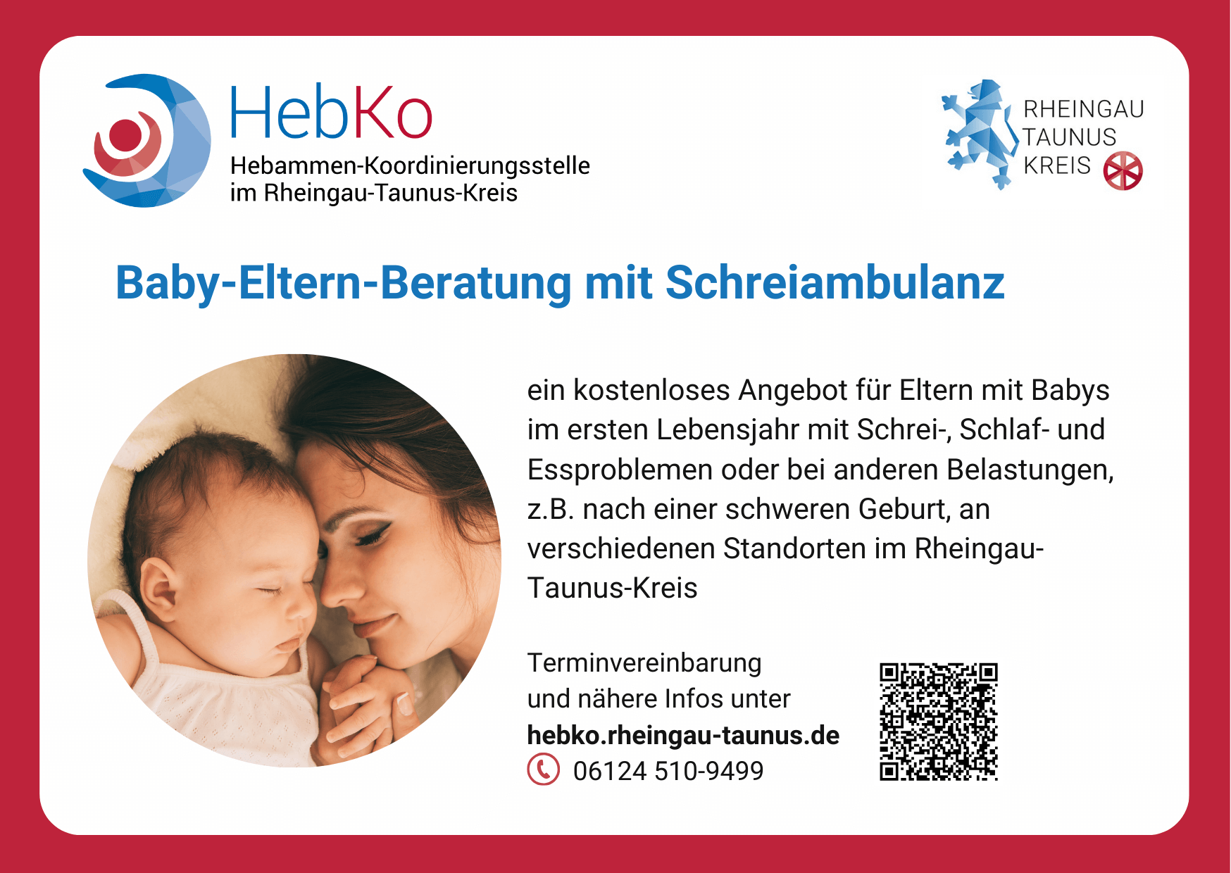 Mutter liegt mit Baby auf dem Arm im Bett mit Text, Logo von HebKo und dem RTK