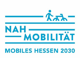 Logo der Initiative „Nahmobilität – Mobiles Hessen 2030“ in türkisblauer Schrift mit Fahrradfigur