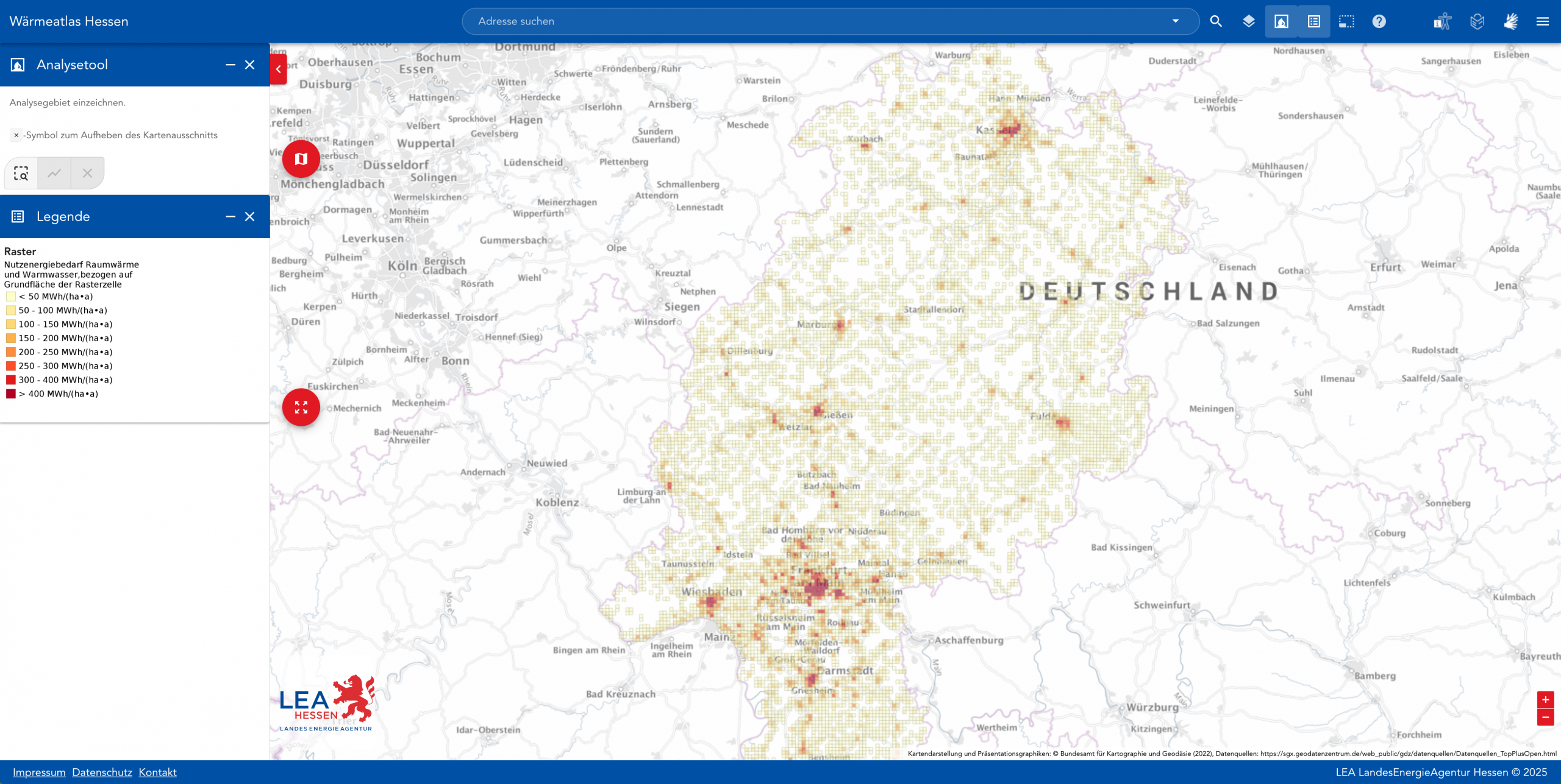 Screenshot des Wärmeatlas Hessen mit farbiger Darstellung, Fokus auf Hessen