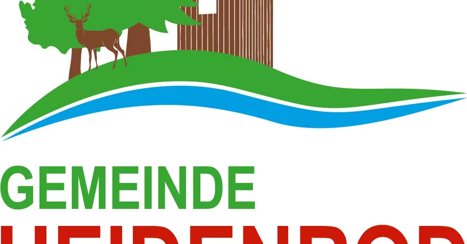 Logo Gemeinde Heidenrod mit Aussichtsturm, Hirsch, Bäumen und Schriftzug „Land leben“.