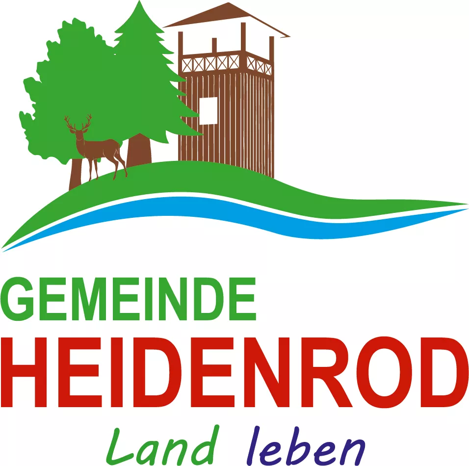 Logo Gemeinde Heidenrod mit Aussichtsturm, Hirsch, Bäumen und Schriftzug „Land leben“.