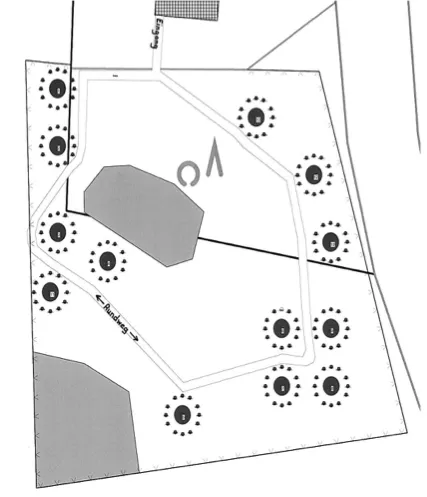 Übersichtsplan eines Friedhofsgeländes mit Wegen, Gräberfeldern und eingezeichneten Gebäudebereichen.