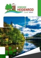 Titelbild mit Logo „Gemeinde Heidenrod – Land leben“ und Naturmotiven aus Wald und See in Collage-Optik.