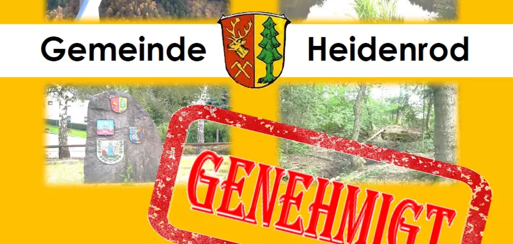 Grafik der Gemeinde Heidenrod zum Haushalt 2026 mit Wappen, Naturbildern und rotem „Genehmigt“-Stempel.