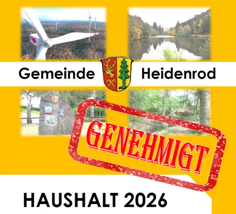 Grafik der Gemeinde Heidenrod zum Haushalt 2026 mit Wappen, Naturbildern und rotem „Genehmigt“-Stempel.