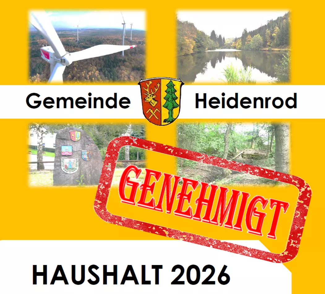 Grafik der Gemeinde Heidenrod zum Haushalt 2026 mit Wappen, Naturbildern und rotem „Genehmigt“-Stempel.