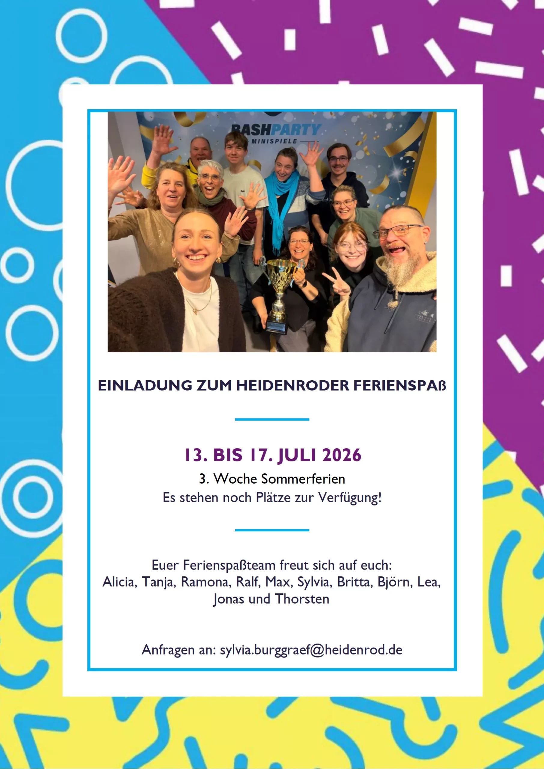 Plakat zur Einladung zum Heidenroder Ferienspaß vom 13. bis 17. Juli 2026 mit Gruppenfoto des Ferienspaßteams.