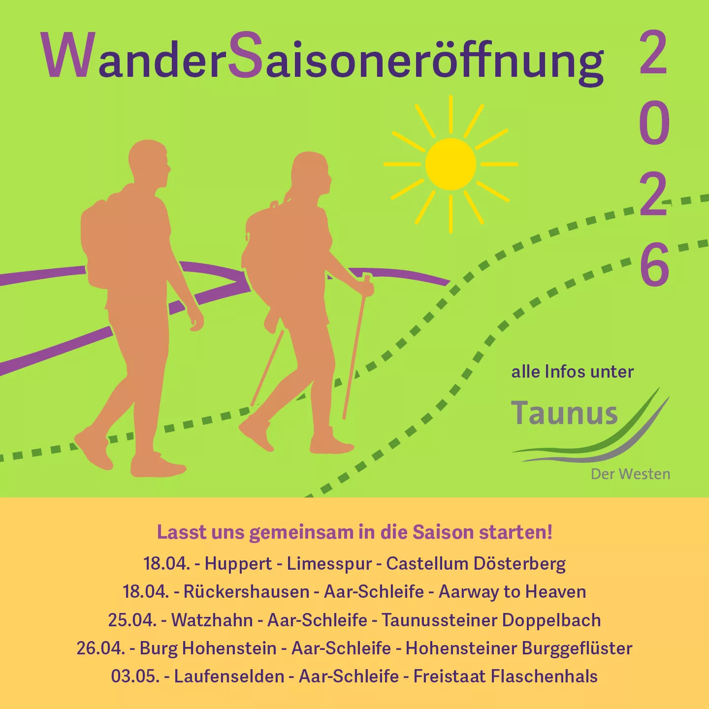 Plakat zur Wandersaisoneröffnung 2026 im Taunus mit Terminen, Wanderern und Hinweis auf Veranstaltungen.