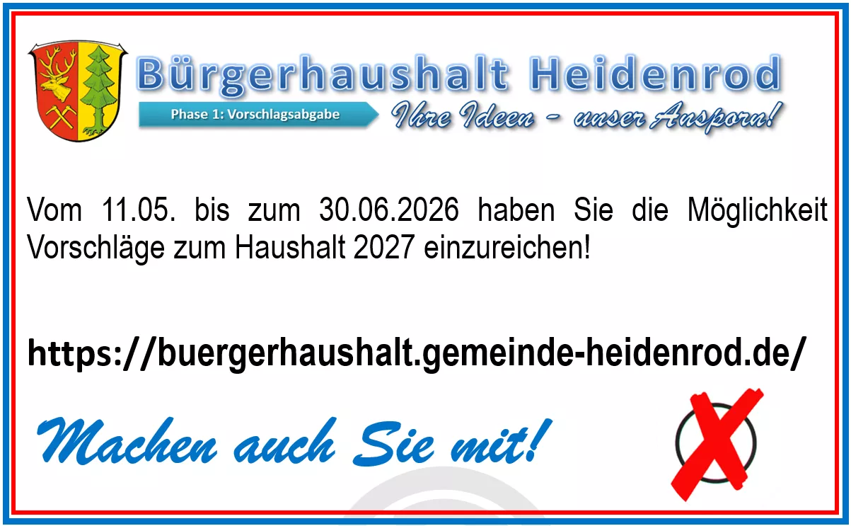 Grafik zum Bürgerhaushalt Heidenrod: Vom 11.05. bis 30.06.2026 können Vorschläge zum Haushalt 2027 eingereicht werden.