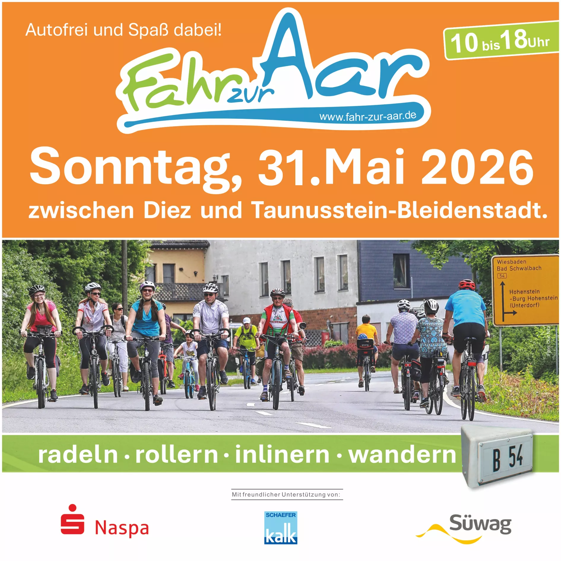 Plakat zur Veranstaltung „Fahr zur Aar“ am 31. Mai 2026 zwischen Diez und Taunusstein-Bleidenstadt mit Radfahrern auf der Straße.