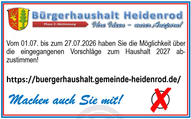 Informationsgrafik zum Bürgerhaushalt Heidenrod 2027 mit Hinweis auf die Abstimmungsphase und den Zeitraum vom 1. bis 27. Juli 2026.