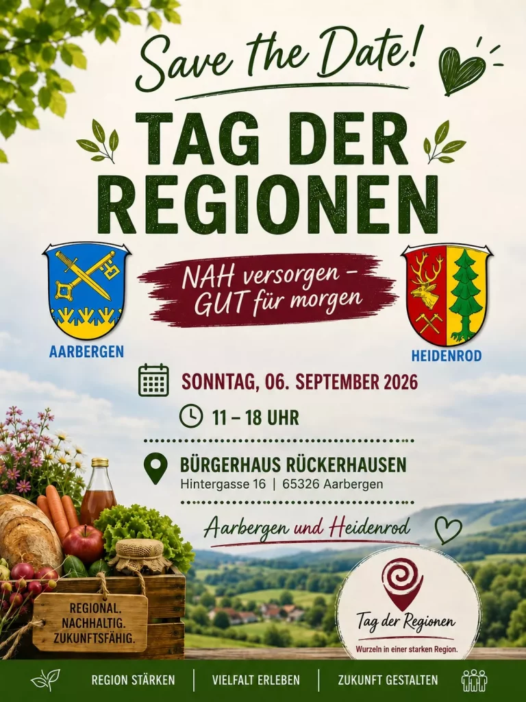 Plakat zum „Tag der Regionen“ am 6. September 2026 in Rückershausen mit Informationen zu Termin, Ort und regionalen Produkten.