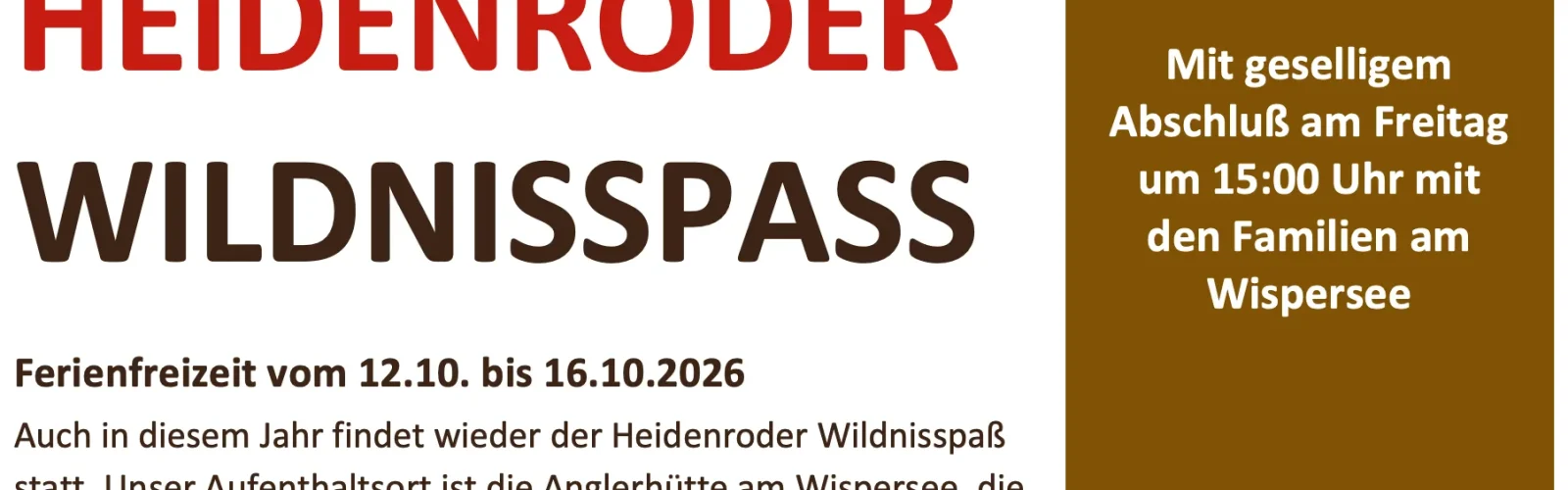 Plakat zur Ferienfreizeit „Heidenroder Wildnisspaß“ vom 12. bis 16. Oktober 2026 für Kinder von 8 bis 12 Jahren am Wispersee.