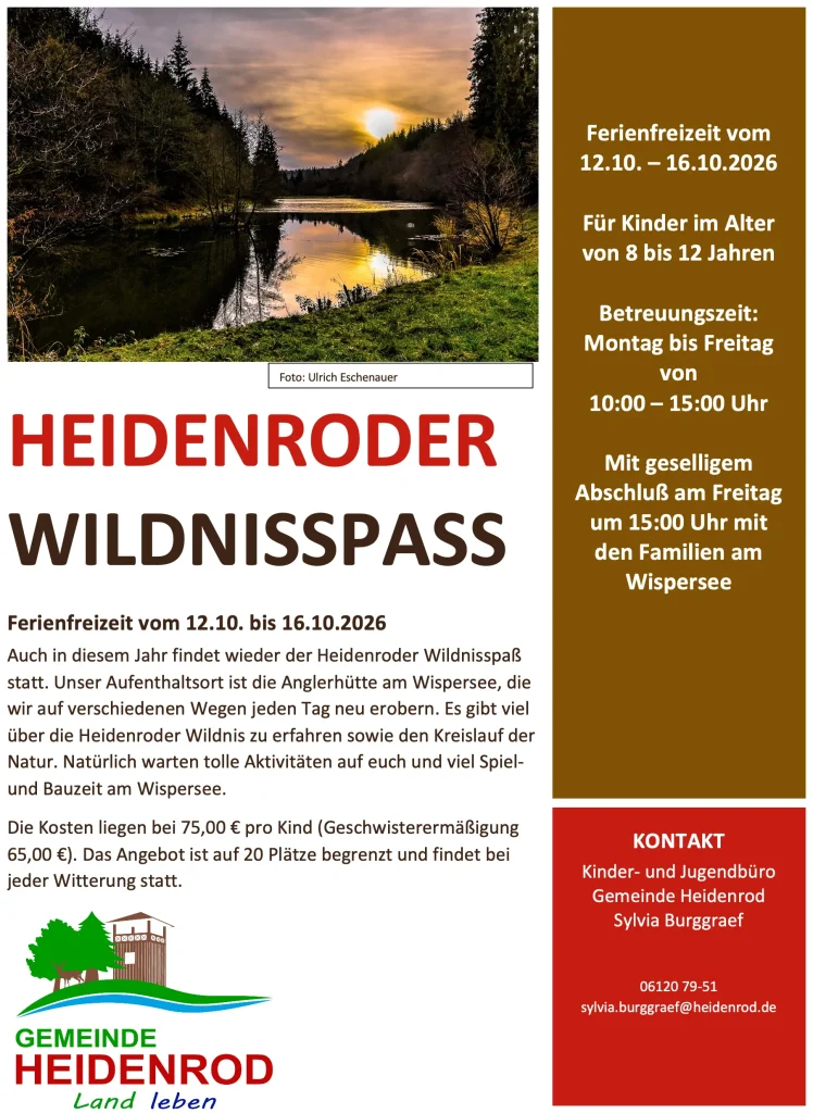 Plakat zur Ferienfreizeit „Heidenroder Wildnisspaß“ vom 12. bis 16. Oktober 2026 für Kinder von 8 bis 12 Jahren am Wispersee.