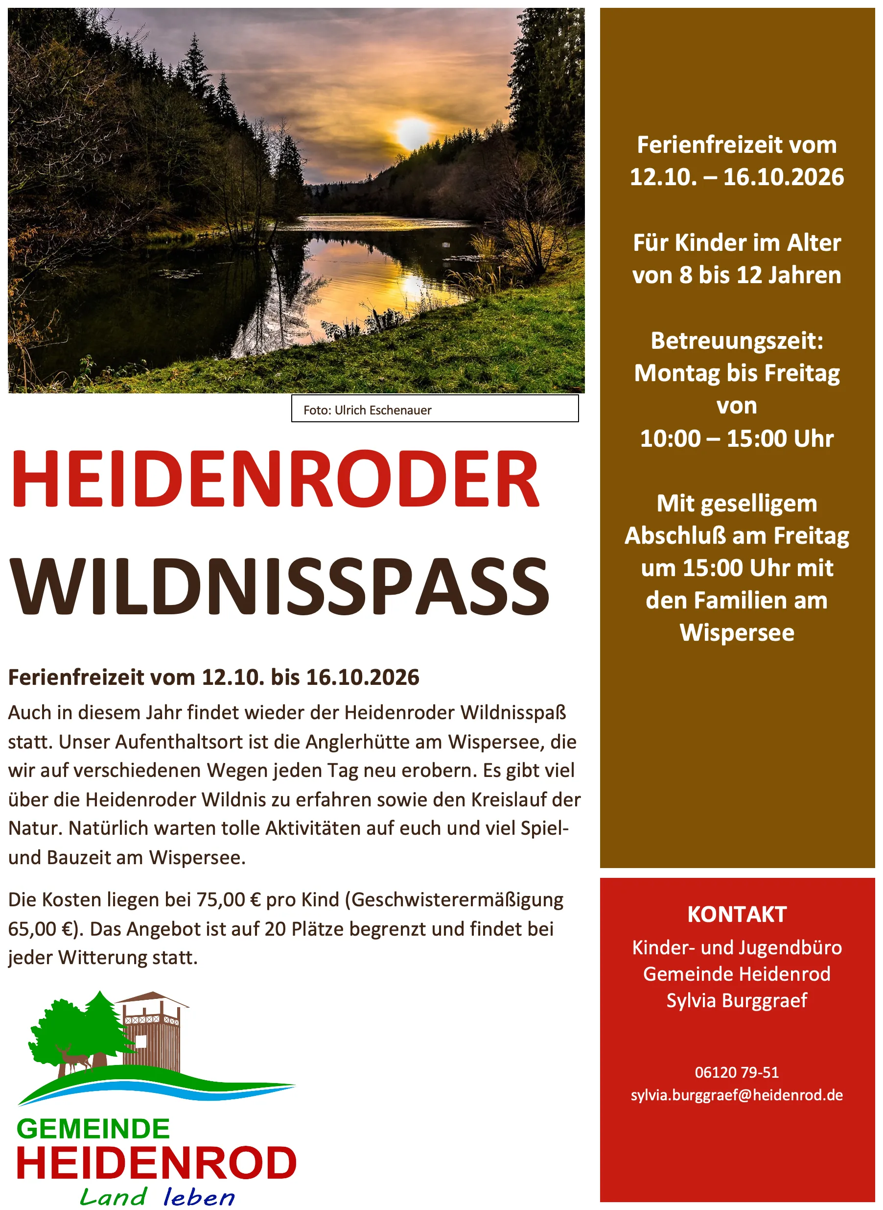 Plakat zur Ferienfreizeit „Heidenroder Wildnisspaß“ vom 12. bis 16. Oktober 2026 für Kinder von 8 bis 12 Jahren am Wispersee.