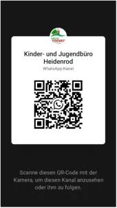 WhatsApp-Kanal Kinder- und Jugendbüro Heidenrod QR-Code zum WhatsApp-Kanal des Kinder- und Jugendbüros Heidenrod.